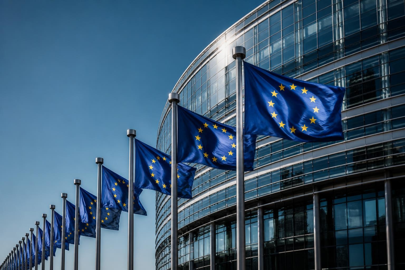 Drapeaux européens devant un bâtiment institutionnel