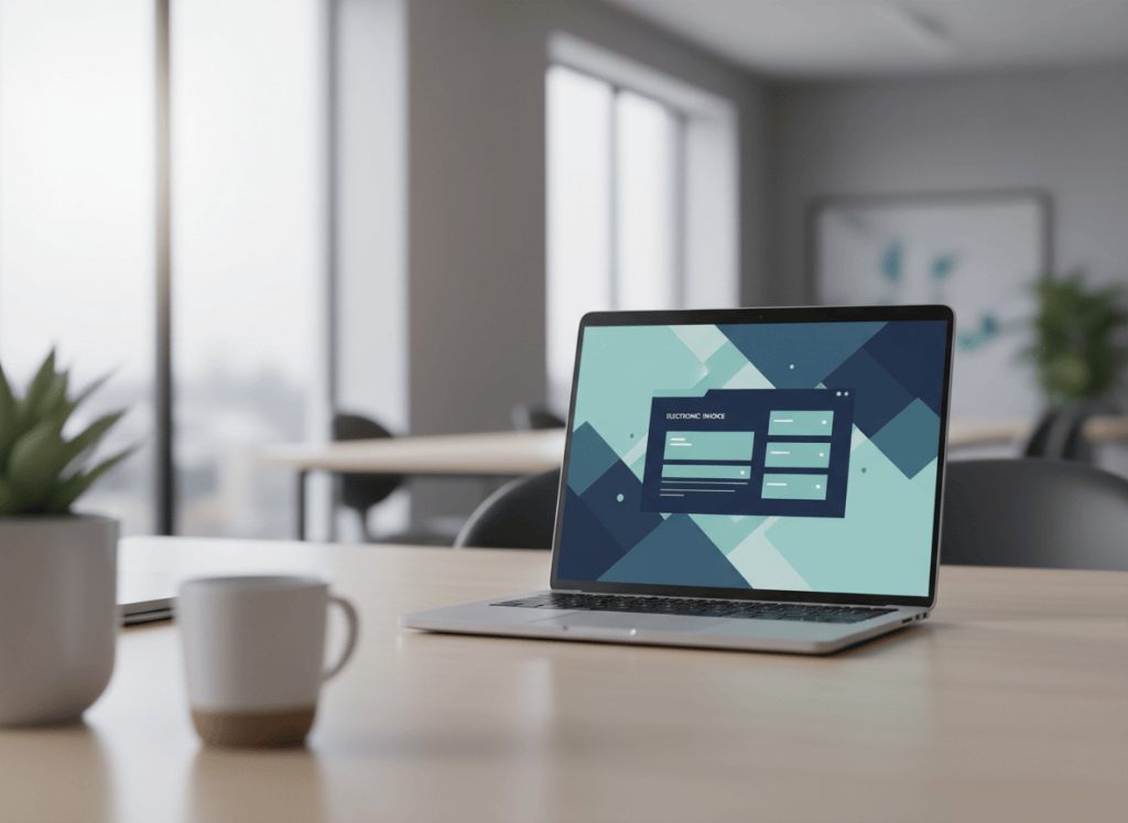 A professional business photograph of a laptop on a modern desk displaying a digital electronic invoice interface, muted navy blue and teal color grading, clean corporate office setting, shallow depth of field, no visible text or logos, editorial style