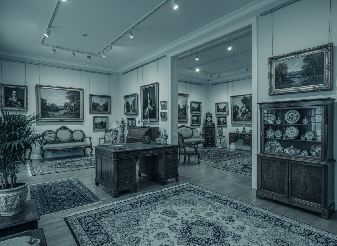 Intérieur de galerie d'antiquités et d'objets d'art