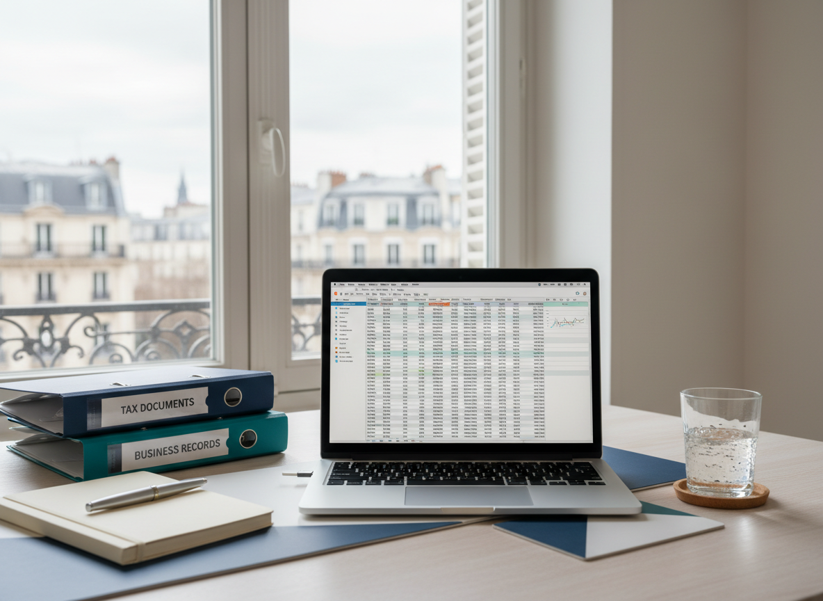 Bureau de travail avec ordinateur portable, dossiers fiscaux et carnet de notes